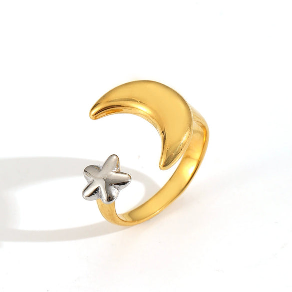 Wholesale Jewelry Star Moon Geometric Stainless Steel Opening Ring 18K Gold Plated