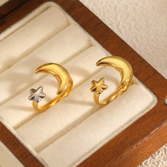 Wholesale Jewelry Star Moon Geometric Stainless Steel Opening Ring 18K Gold Plated