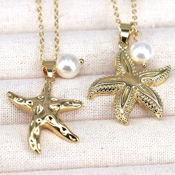 Wholesale Jewelry Starfish Bead Pendant Necklace Alloy Copper Water Wave Chain Electroplating Star Shape