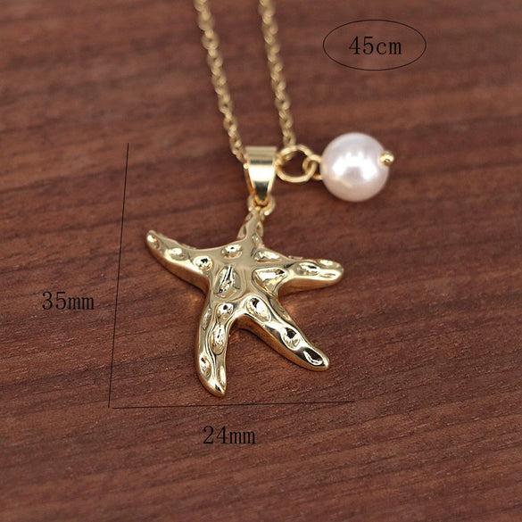 Wholesale Jewelry Starfish Bead Pendant Necklace Alloy Copper Water Wave Chain Electroplating Star Shape