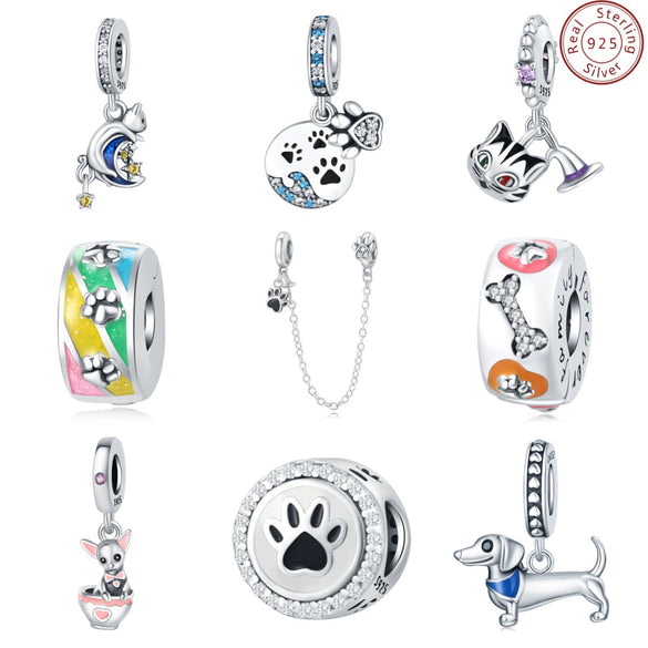 Wholesale Jewelry 925 Sterling Silver Beaded Locating Buckle Cat Dog Bone Paw Print Pendant Diy Bracelet Accessories With Dripping Oil Design For Women