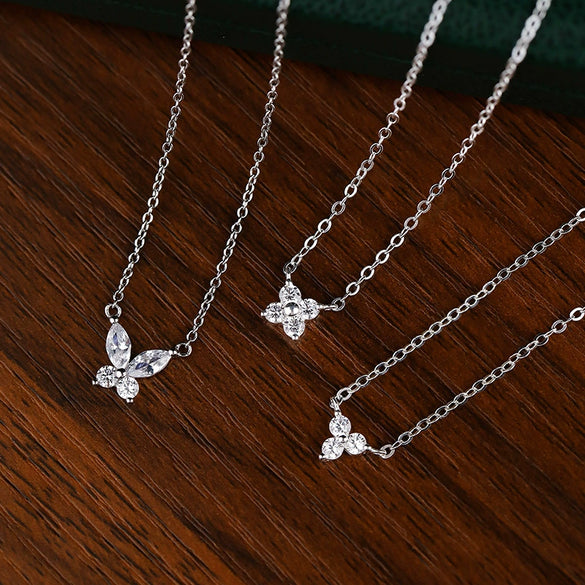 Wholesale Jewelry 925 Sterling Silver Fourleaf Clover Butterfly Geometric Flower Inlaid Zircon Pendant Necklace For Women