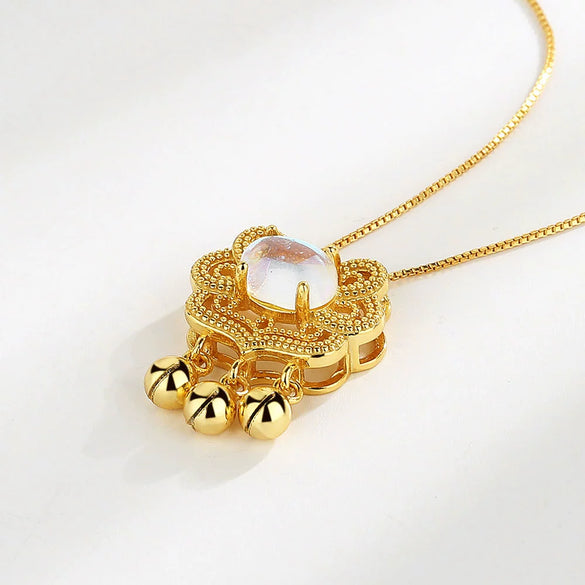 Wholesale Jewelry 925 Sterling Silver Geometric Long Life Lock Bell Necklace With Moonstone And Electroplating Treatment