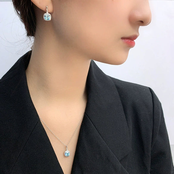 Wholesale Jewelry Sterling Silver Heart Ocean Blue Gemstone Geometric Light Luxury Threepiece Set