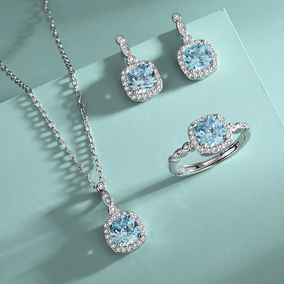 Wholesale Jewelry Sterling Silver Heart Ocean Blue Gemstone Geometric Light Luxury Threepiece Set