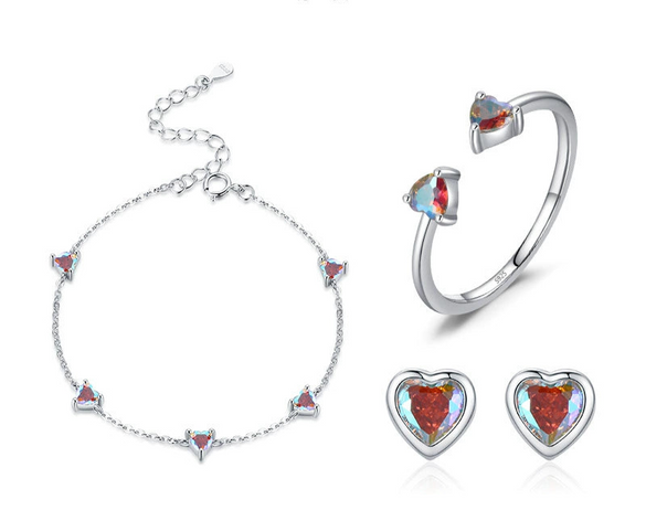 Wholesale Jewelry 925 Sterling Silver Love Zircon Heartshaped Open Ring And Bracelet Set For Women Lovely Style With Water Drops And Bell Patterns
