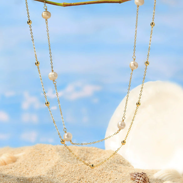 Wholesale Jewelry Sterling Silver Pearl Double Layer Stacked Necklace Geometric Electroplating Women's