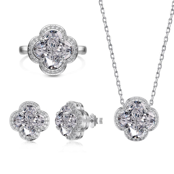 Wholesale Jewelry 925 Sterling Silver Plant Flowers Four Leaf Clover Stylish Electroplated Women's Ring Earrings Necklace