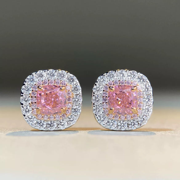 Wholesale Jewelry 925 Sterling Silver Square Pattern Electroplated Pink Diamond Ice Flower Cut Raydian Cut Zircon High Carbon Diamond Women's Necklace Pendant Earrings Ring Set