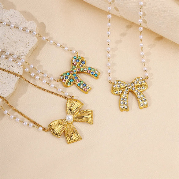 Wholesale Jewelry Sweet IG Style Bow Knot 304 Stainless Steel Pearl Zircon Beaded Inlay Necklace