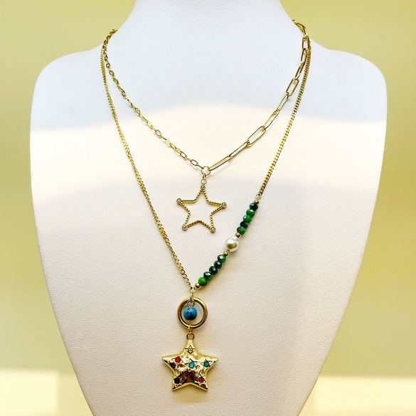 Wholesale Jewelry Sweet Multi Layer Stainless Steel Gold Plated Love Star Pendant Necklace For Women Fashion Style With Heart And Star Patterns