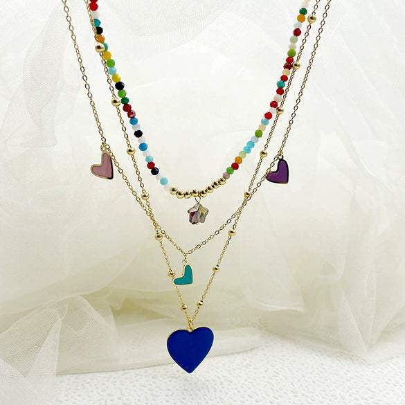 Wholesale Jewelry Sweet Multi Layer Stainless Steel Gold Plated Love Star Pendant Necklace For Women Fashion Style With Heart And Star Patterns