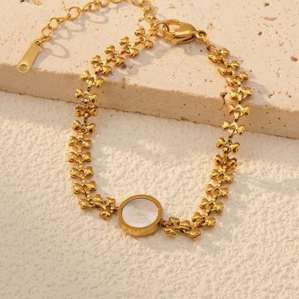 Wholesale Jewelry Sweet Simple Style Round Heart Shape 304 Stainless Steel Shell 18K Gold Plated Round Plating Bracelets Necklace