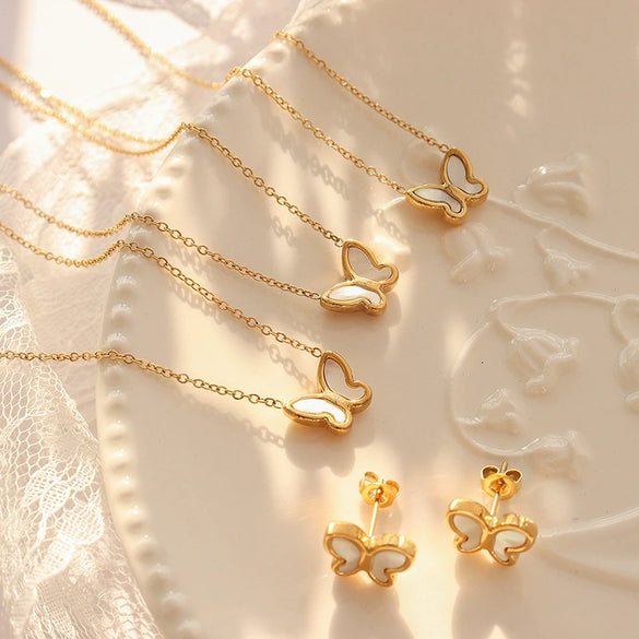 Wholesale Jewelry Sweet Style Butterfly White Seashell 316L Stainless Steel Electroplated Necklace Earrings Set For Women
