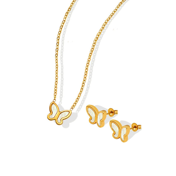 Wholesale Jewelry Sweet Style Butterfly White Seashell 316L Stainless Steel Electroplated Necklace Earrings Set For Women
