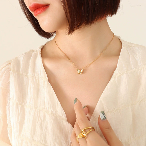Wholesale Jewelry Sweet Style Butterfly White Seashell 316L Stainless Steel Electroplated Necklace Earrings Set For Women