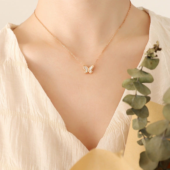 Wholesale Jewelry Sweet Style Butterfly White Seashell 316L Stainless Steel Electroplated Necklace Earrings Set For Women
