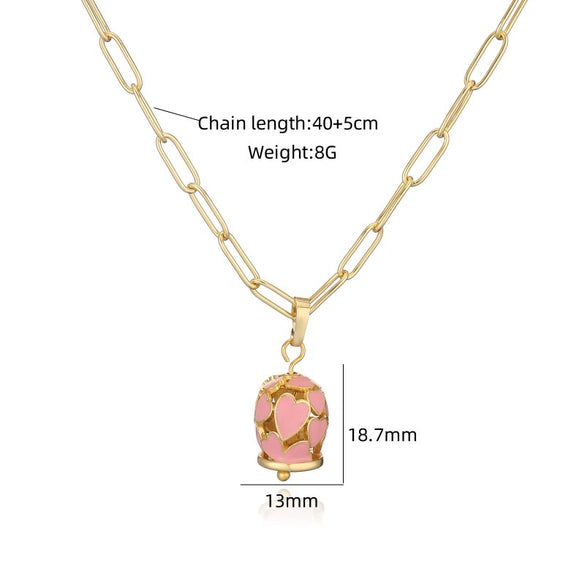 Wholesale Jewelry Sweet Style Copper Heart Shape Geometric Dripping Oil Hollow Love Bell Necklace