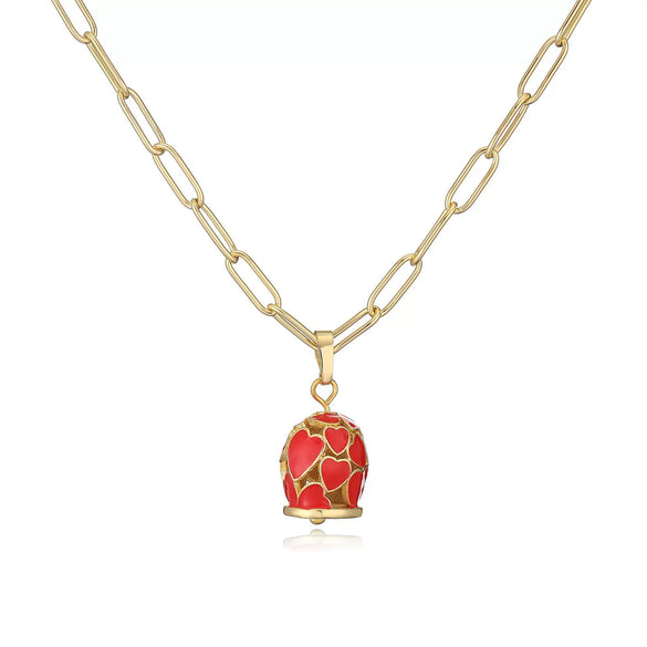 Wholesale Jewelry Sweet Style Copper Heart Shape Geometric Dripping Oil Hollow Love Bell Necklace