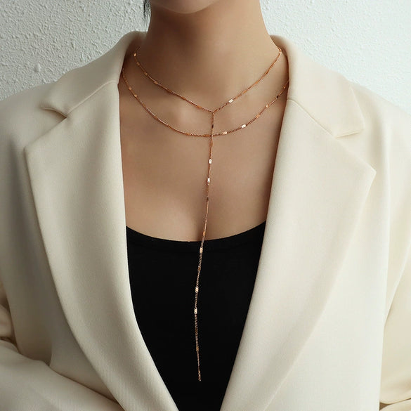 Wholesale Jewelry Tassel Double Side Chain 316L Stainless Steel 18K Gold Electroplated Geometric Collarbone Necklace