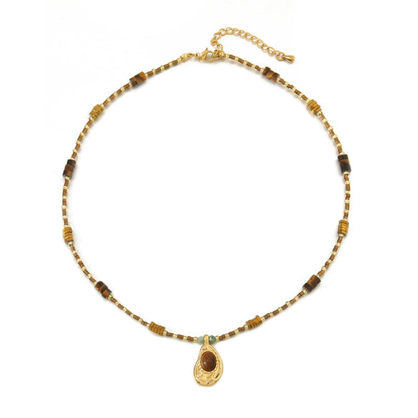 Wholesale Jewelry Tiger Eye Stone And Egg Stone On Titanium Steel Geometric Vintage Handmade Clavicle Chain Necklace For Women