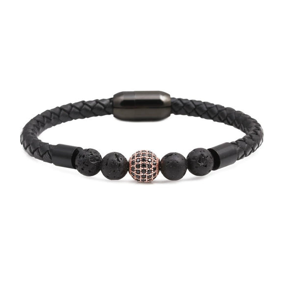 Wholesale Jewelry Tiger Eye Stone Beaded Bracelet Titanium Steel Magnetic Buckle Leather Rope Geometric Handmade Unisex