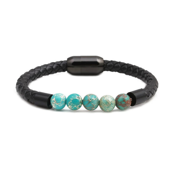 Wholesale Jewelry Tiger Eye Stone Beaded Bracelet Titanium Steel Magnetic Buckle Leather Rope Geometric Handmade Unisex