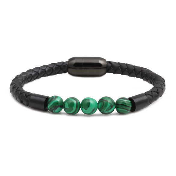 Wholesale Jewelry Tiger Eye Stone Beaded Bracelet Titanium Steel Magnetic Buckle Leather Rope Geometric Handmade Unisex