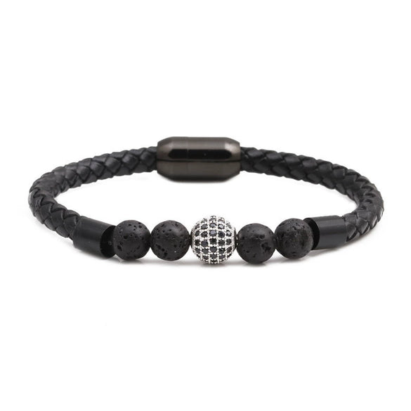 Wholesale Jewelry Tiger Eye Stone Beaded Bracelet Titanium Steel Magnetic Buckle Leather Rope Geometric Handmade Unisex