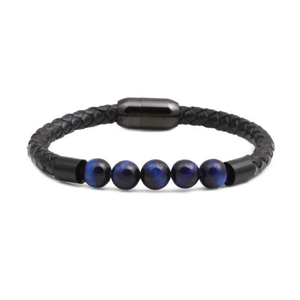 Wholesale Jewelry Tiger Eye Stone Beaded Bracelet Titanium Steel Magnetic Buckle Leather Rope Geometric Handmade Unisex