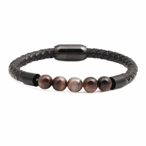 Wholesale Jewelry Tiger Eye Stone Beaded Bracelet Titanium Steel Magnetic Buckle Leather Rope Geometric Handmade Unisex