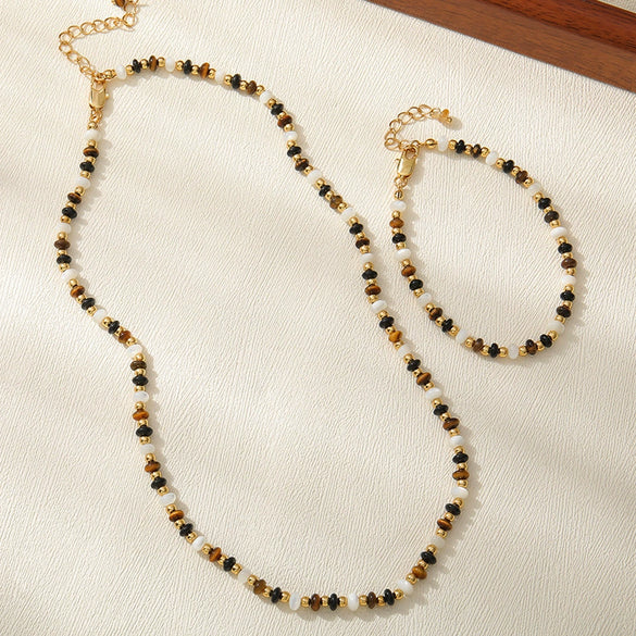 Wholesale Jewelry Tiger Eye Stone Shell Black Agate Copper Geometric Vintage Handmade Necklace Bracelet Clavicle Chain For Women