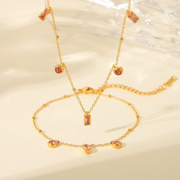 Wholesale Jewelry Titanium Steel And Stainless Steel Geometric Pink Purple Zircon Pendant Clavicle Chain With Electroplating