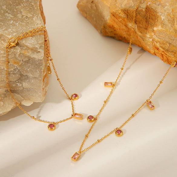 Wholesale Jewelry Titanium Steel And Stainless Steel Geometric Pink Purple Zircon Pendant Clavicle Chain With Electroplating