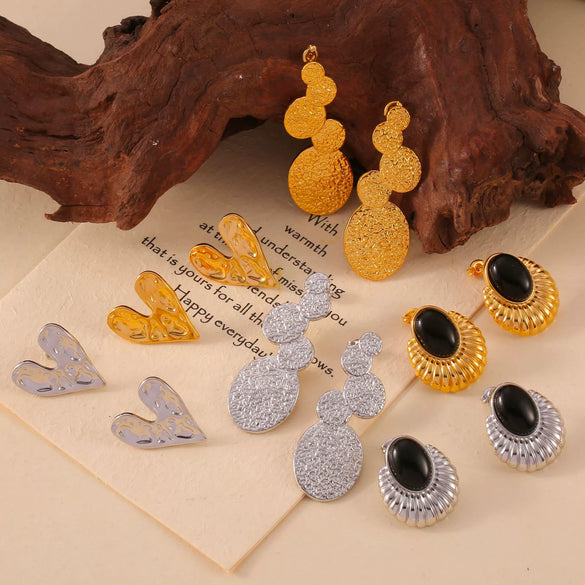 Wholesale Jewelry 316L Stainless Steel Black Agate Electroplated 18K Real Gold Heart And Geometric Style Earrings