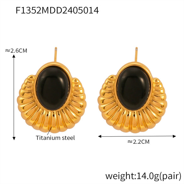 Wholesale Jewelry 316L Stainless Steel Black Agate Electroplated 18K Real Gold Heart And Geometric Style Earrings