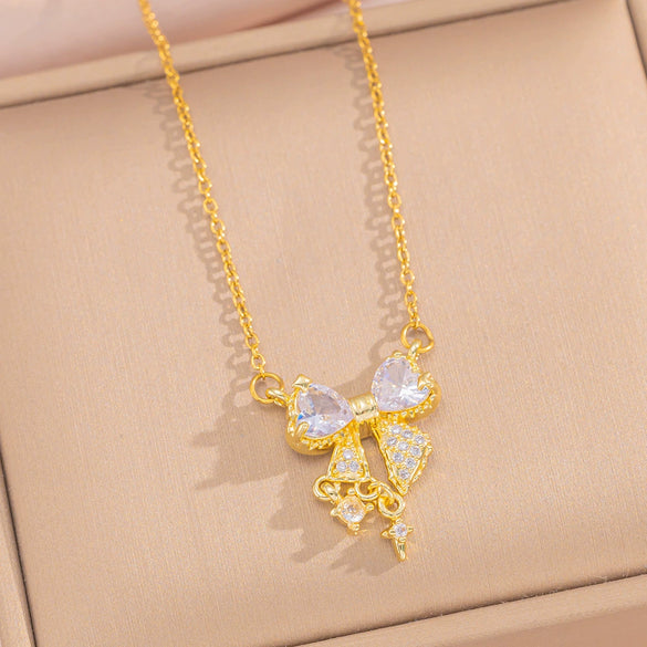 Wholesale Jewelry Titanium Steel Bow Zircon Clavicle Chain Necklace