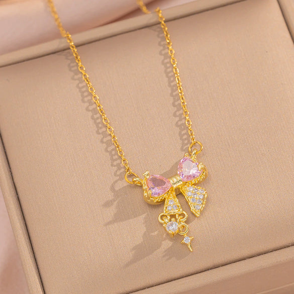 Wholesale Jewelry Titanium Steel Bow Zircon Clavicle Chain Necklace