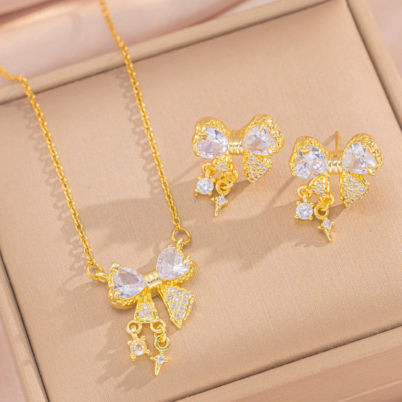 Wholesale Jewelry Titanium Steel Bow Zircon Clavicle Chain Necklace