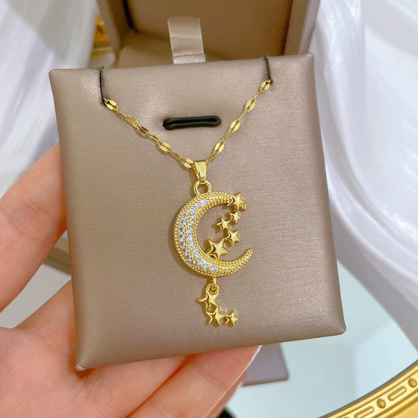 Wholesale Jewelry Titanium Steel Copper Geometric Moon Star Tassel Necklace Unisex