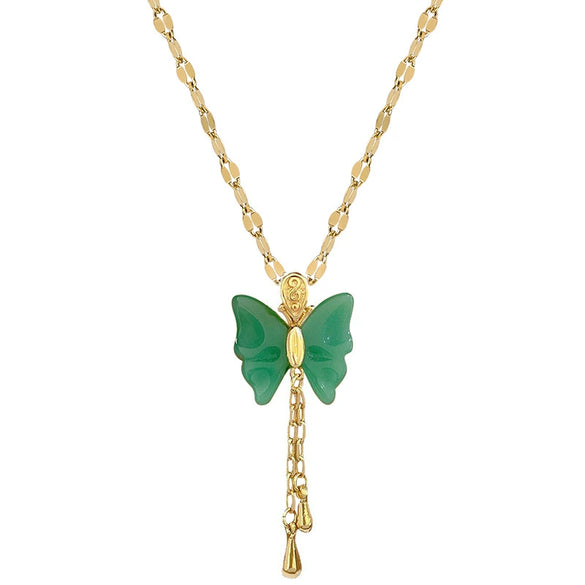 Wholesale Jewelry Titanium Steel Copper Goldplated Geometric Butterfly Pendant With Real Gold Chalcedony And Diamond Design For Women