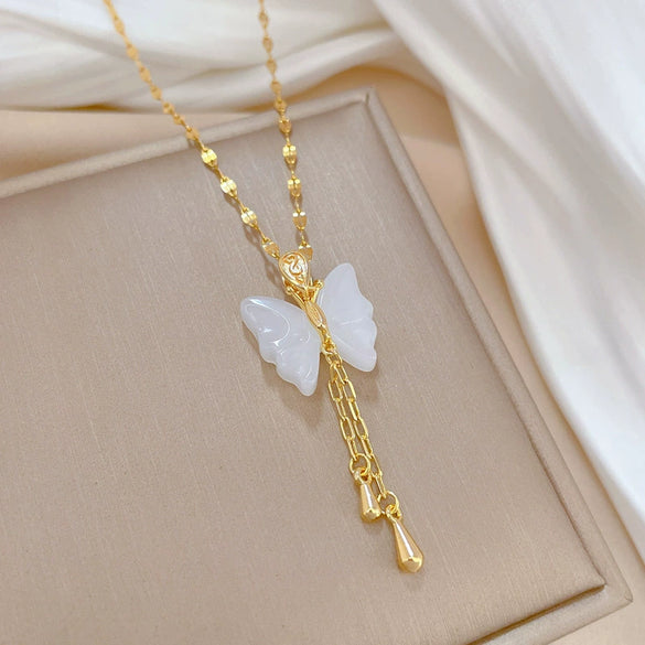 Wholesale Jewelry Titanium Steel Copper Goldplated Geometric Butterfly Pendant With Real Gold Chalcedony And Diamond Design For Women