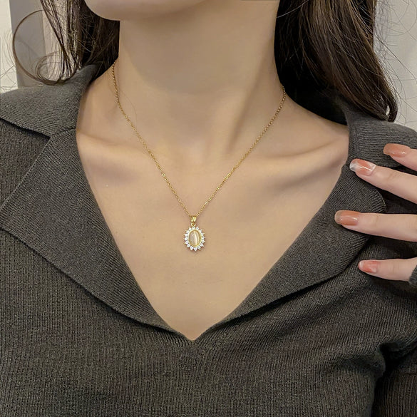 Wholesale Jewelry Titanium Steel Copper Opal Flower Pendant Necklace With Electroplating And Geometric Design For Women