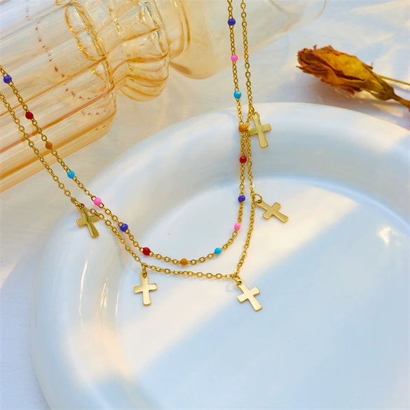 Wholesale Jewelry Titanium Steel Cross Crown Roman Numerals Electroplated Pendant Necklace For Women