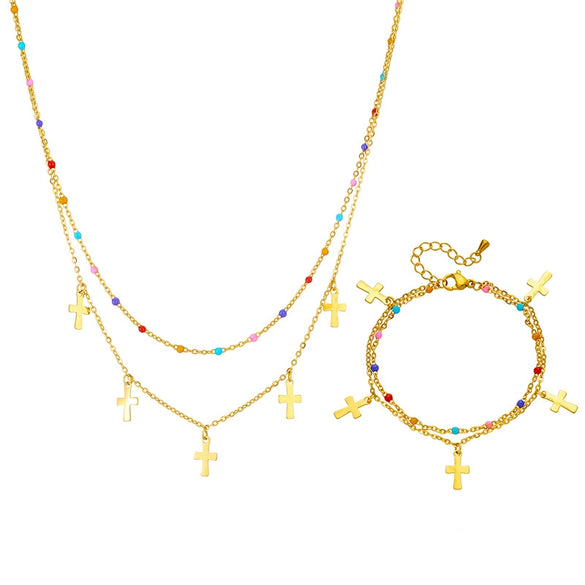 Wholesale Jewelry Titanium Steel Cross Crown Roman Numerals Electroplated Pendant Necklace For Women