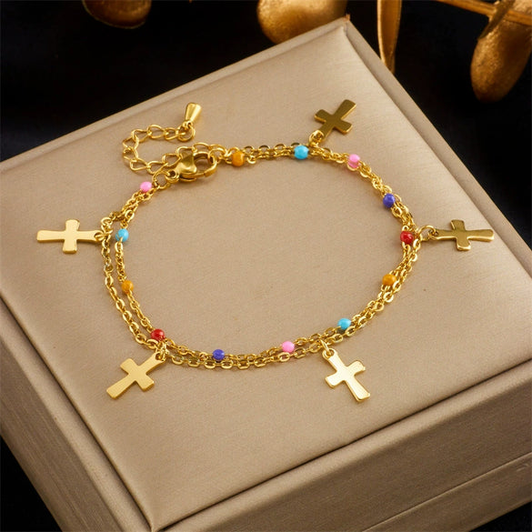 Wholesale Jewelry Titanium Steel Cross Crown Roman Numerals Electroplated Pendant Necklace For Women