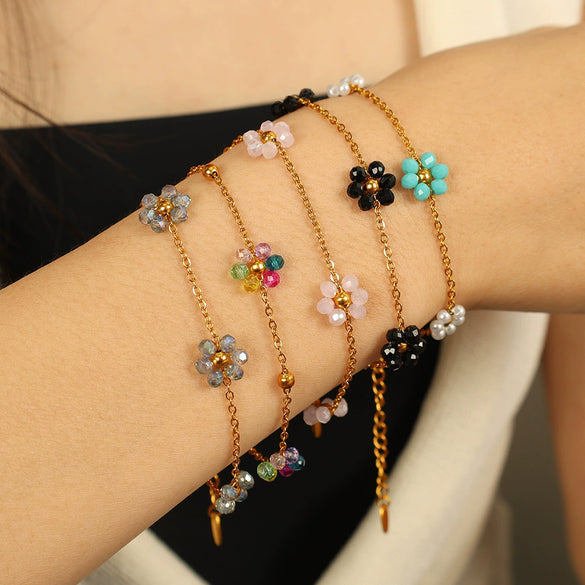 Wholesale Jewelry 316L Stainless Steel Crystal Flower Handmade Chain Necklace For Women