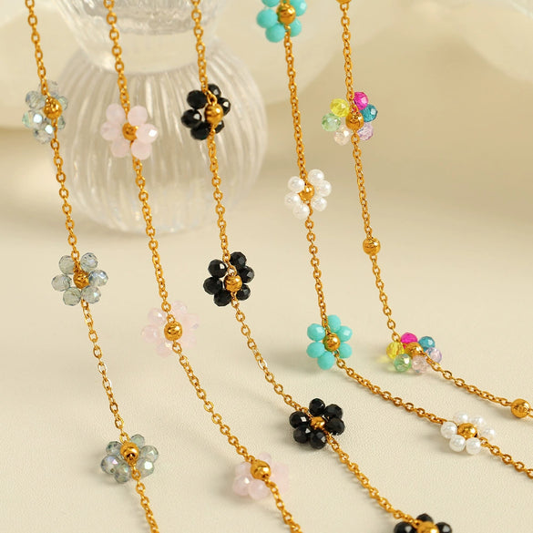 Wholesale Jewelry 316L Stainless Steel Crystal Flower Handmade Chain Necklace For Women