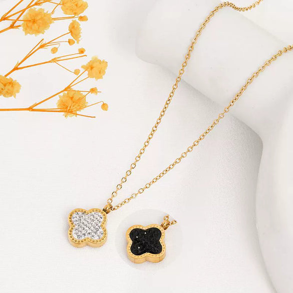 Wholesale Jewelry Titanium Steel Doublesided Flower Clover Fritillary Gold Inlaid Pendant Necklace For Women