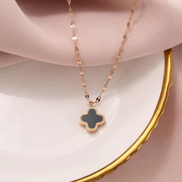 Wholesale Jewelry Titanium Steel Doublesided Flower Clover Fritillary Gold Inlaid Pendant Necklace For Women